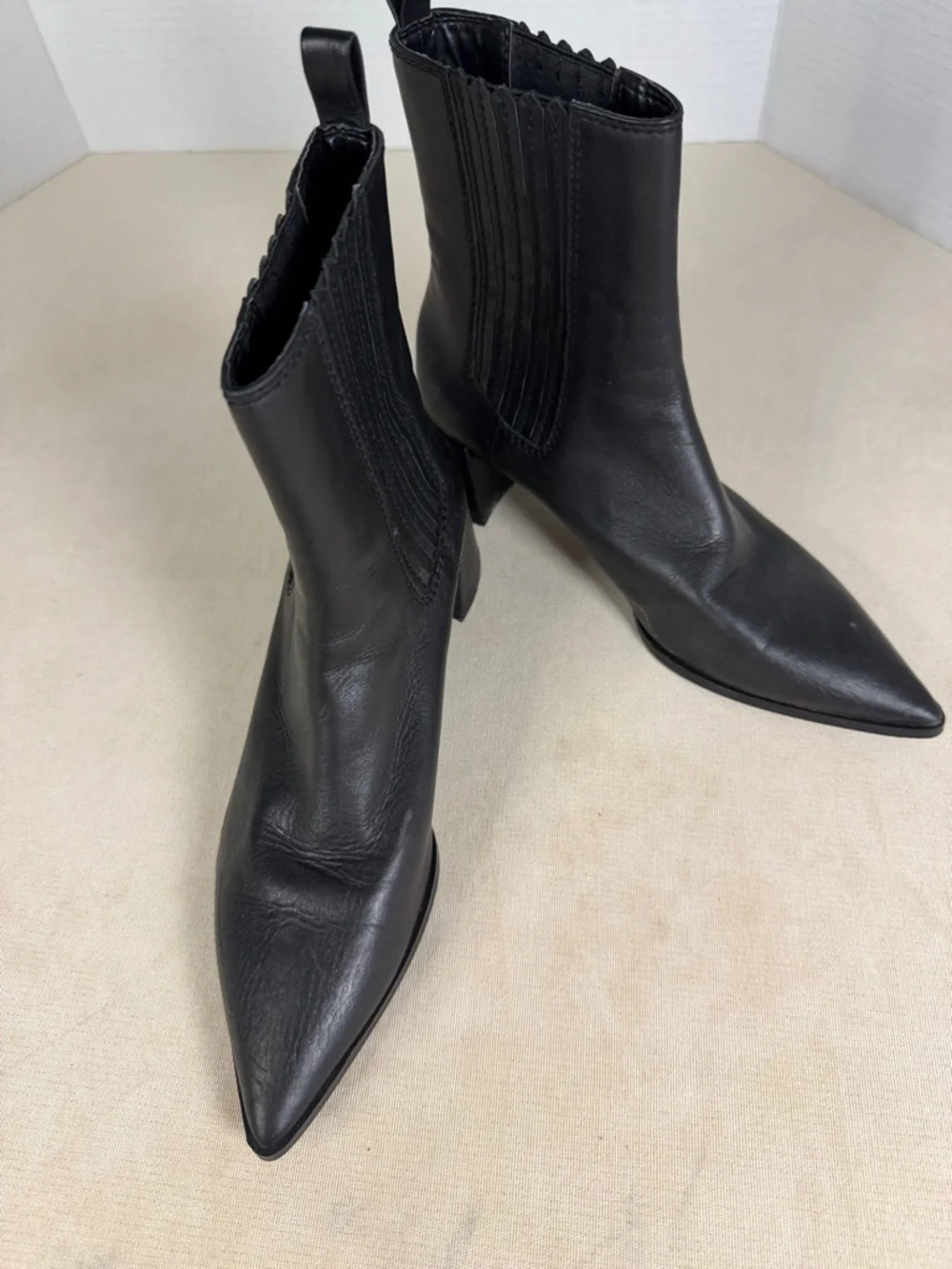 Zara Black Ankle Boots Pointed Toe Block Heel Chelsea Style Size 38 - Picture 2 of 15